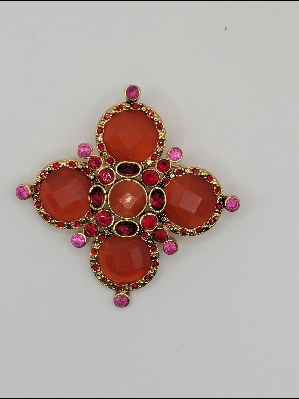 Vintage Orange & Pink Gemstone Cross Brooch